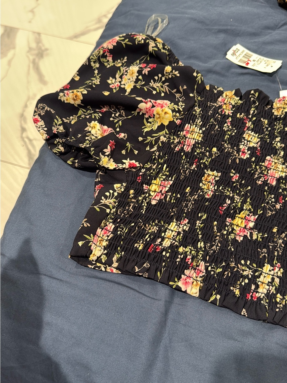 Black Floral Smocked Puff Sleeve Top